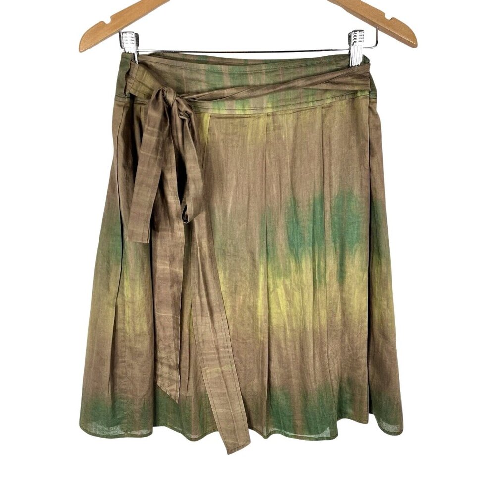 THEORY Women's Green Subtle Tie Dye Pleated A-Line Belted Wrap Skirt Size 6